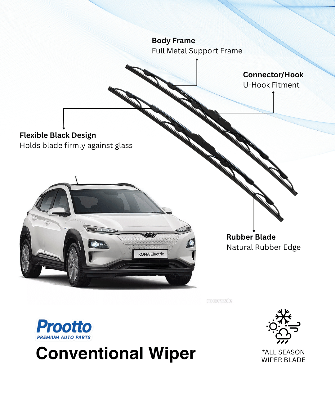 Prootto Wiper Blades for Hyundai Kona Electric – Hybrid, Frameless & Conventional (2025)