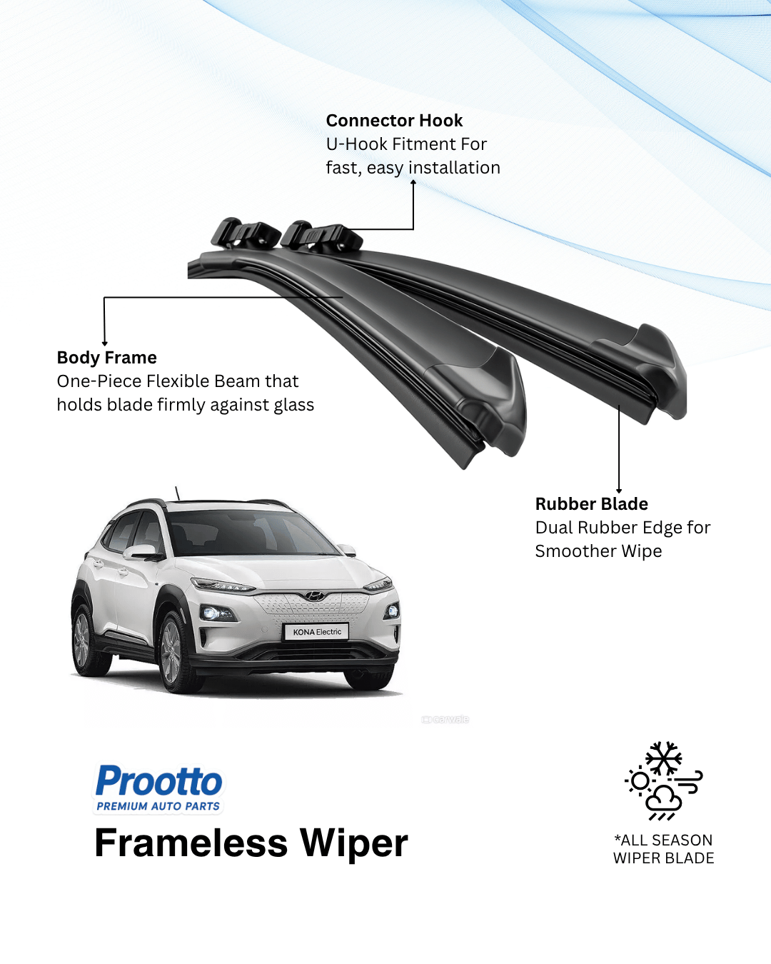 Prootto Wiper Blades for Hyundai Kona Electric – Hybrid, Frameless & Conventional (2025)