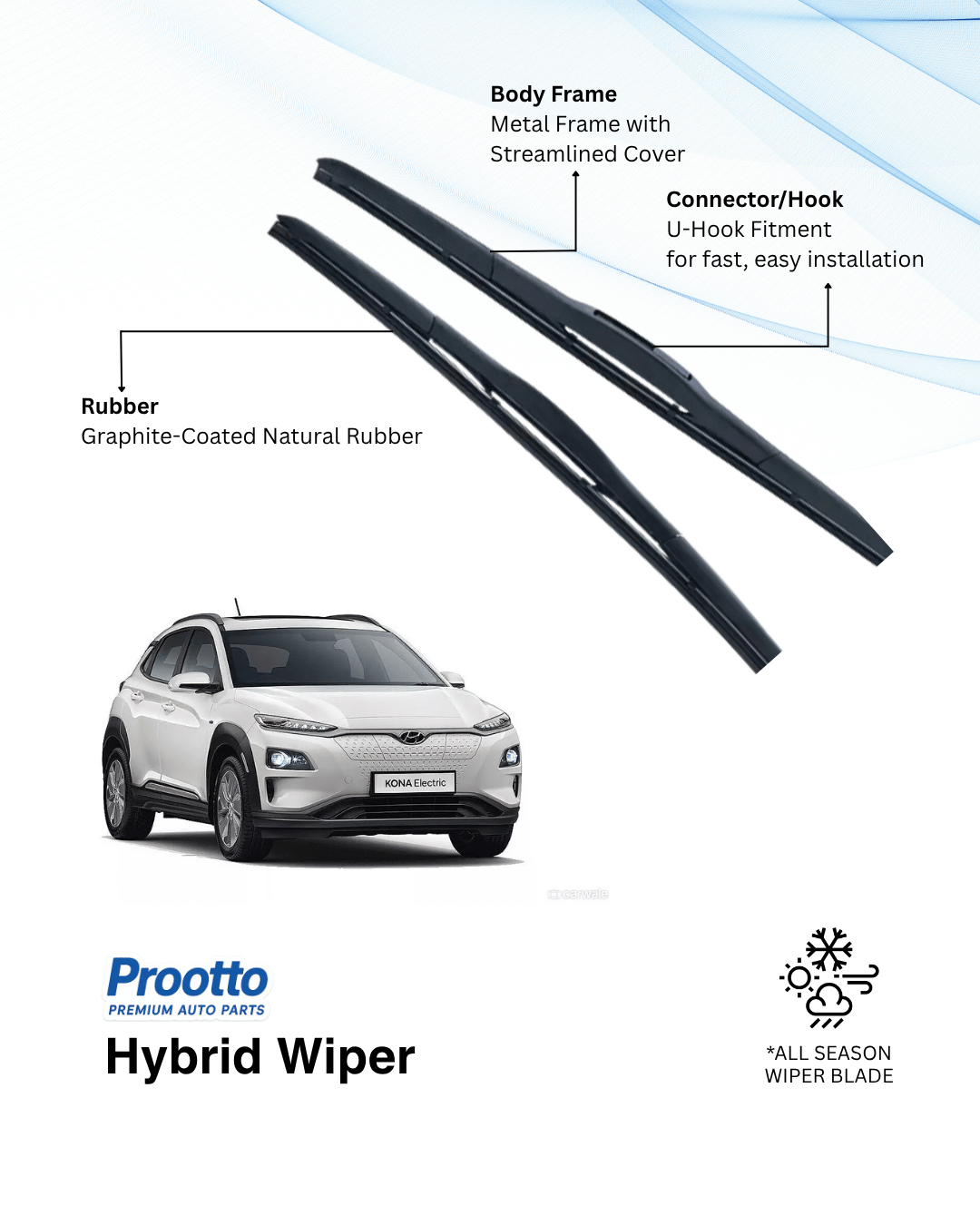 Prootto Wiper Blades for Hyundai Kona Electric – Hybrid, Frameless & Conventional (2025)
