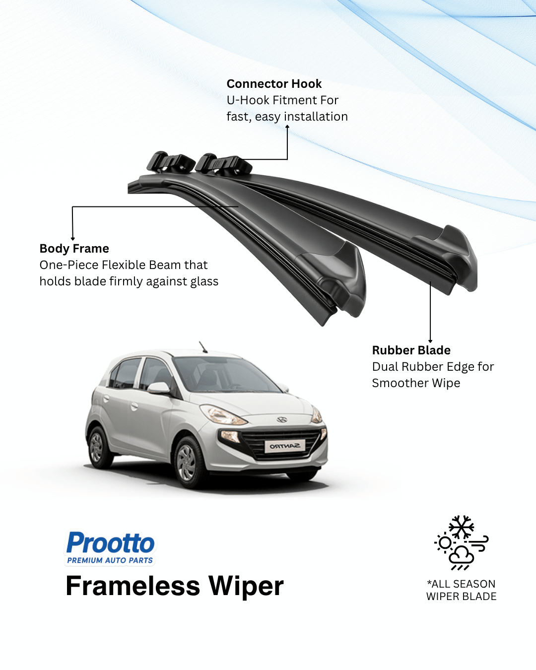 Prootto Wiper Blades for Hyundai Santro – Hybrid, Frameless & Conventional (2025)