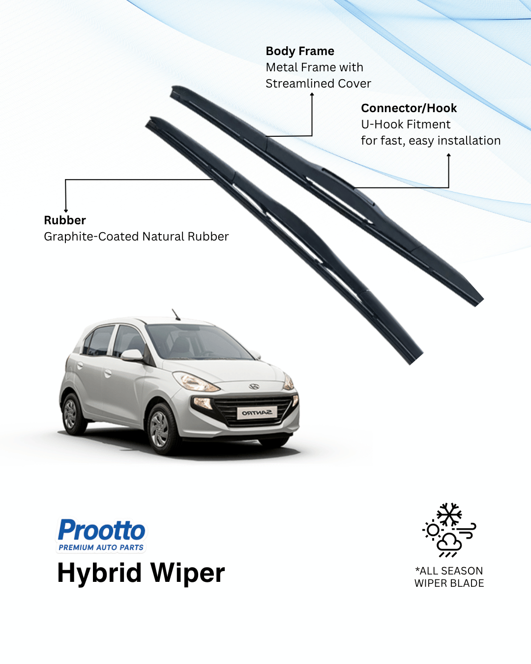 Prootto Wiper Blades for Hyundai Santro – Hybrid, Frameless & Conventional (2025)
