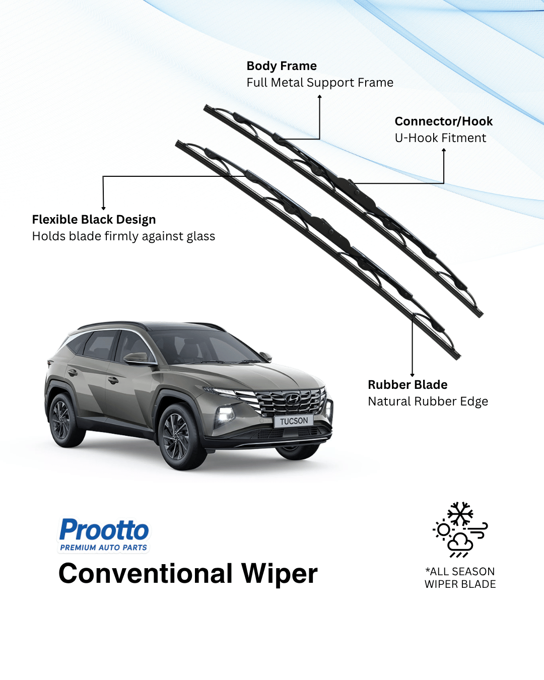 Prootto Wiper Blades for Hyundai Tucson – Hybrid, Frameless & Conventional (2025)
