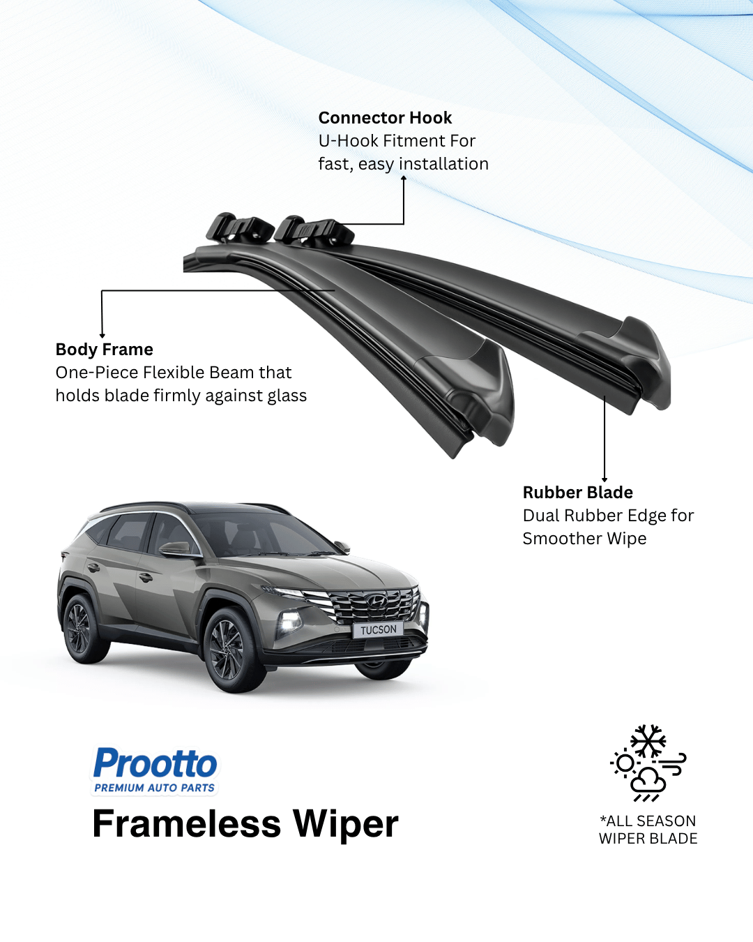 Prootto Wiper Blades for Hyundai Tucson – Hybrid, Frameless & Conventional (2025)