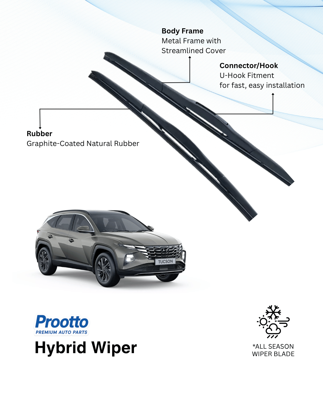 Prootto Wiper Blades for Hyundai Tucson – Hybrid, Frameless & Conventional (2025)