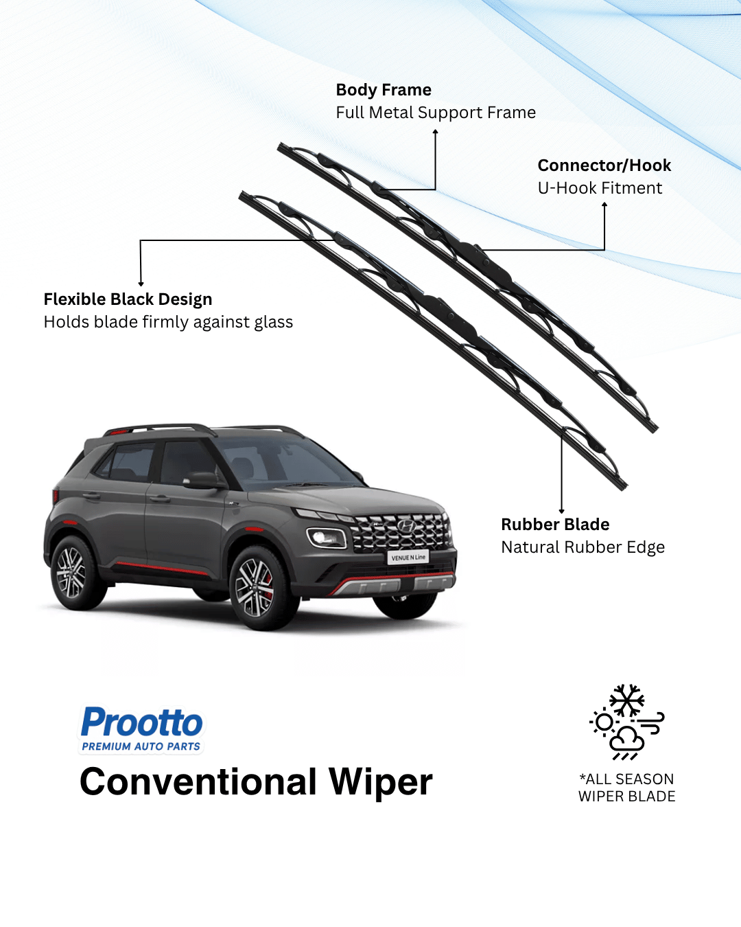 Prootto Wiper Blades for Hyundai Venue – Hybrid, Frameless & Conventional (2025)