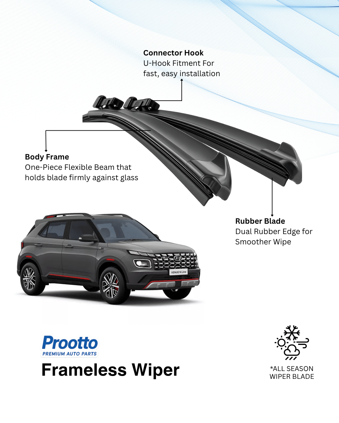 Prootto Wiper Blades for Hyundai Venue – Hybrid, Frameless & Conventional (2025)