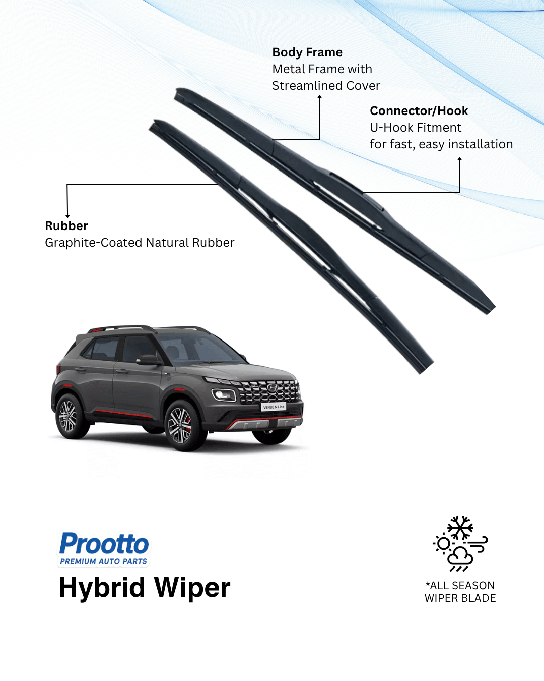 Prootto Wiper Blades for Hyundai Venue – Hybrid, Frameless & Conventional (2025)