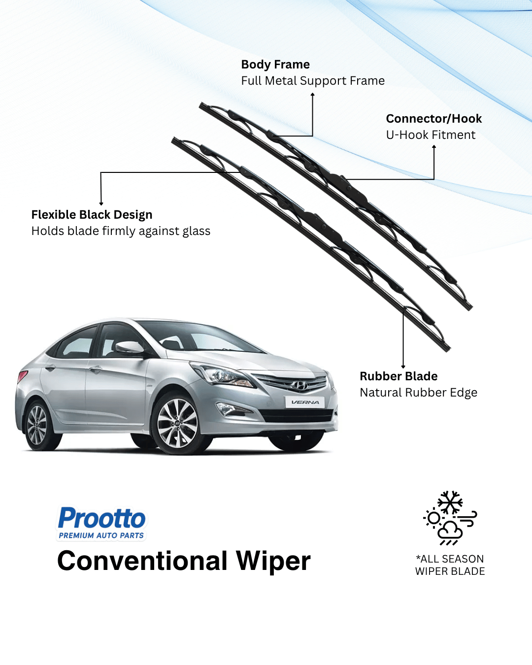 Prootto Wiper Blades for Hyundai Verna – Hybrid, Frameless & Conventional (2025)
