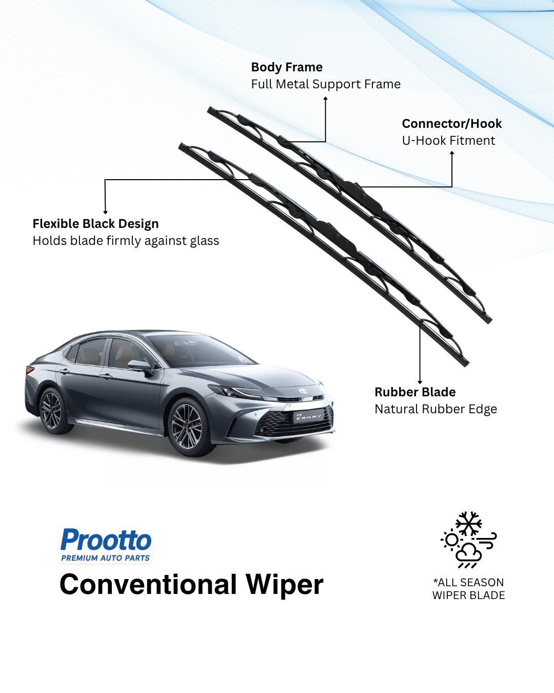 Prootto Wiper blades for Toyota Camry Windshield Wipers - Hybrid, Frameless and Conventional