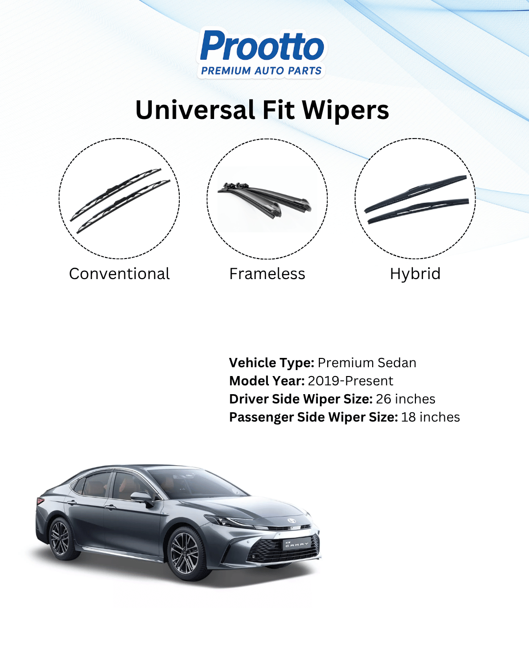 Prootto Wiper blades for Toyota Camry Windshield Wipers - Hybrid, Frameless and Conventional