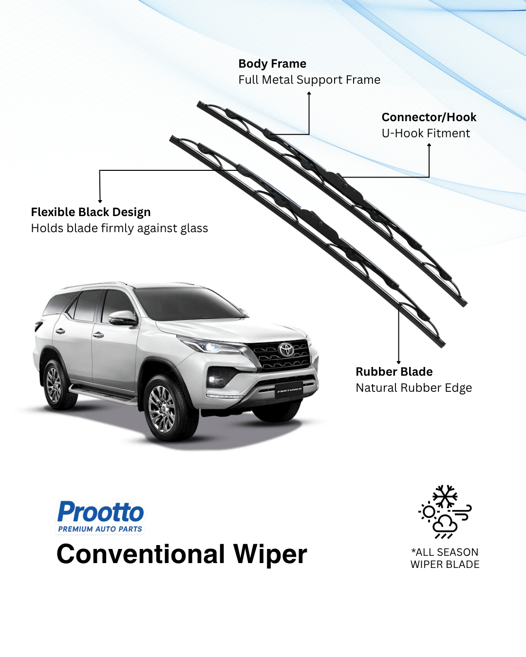 Prootto Wiper Blades for Toyota Fortuner Wiper Blades - Hybrid, Frameless and Conventional