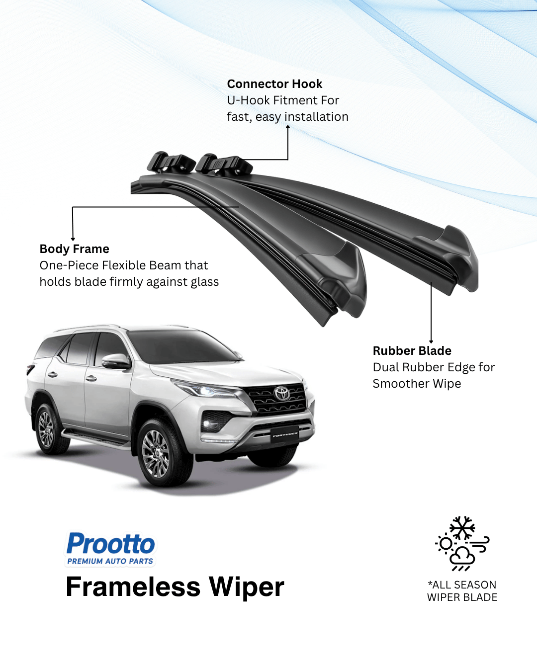 Prootto Wiper Blades for Toyota Fortuner Wiper Blades - Hybrid, Frameless and Conventional