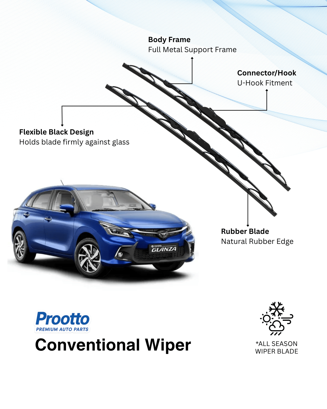 Prootto Wiper Blades for Toyota Glanza Windscreen Wipers - Hybrid, Frameless and Conventional
