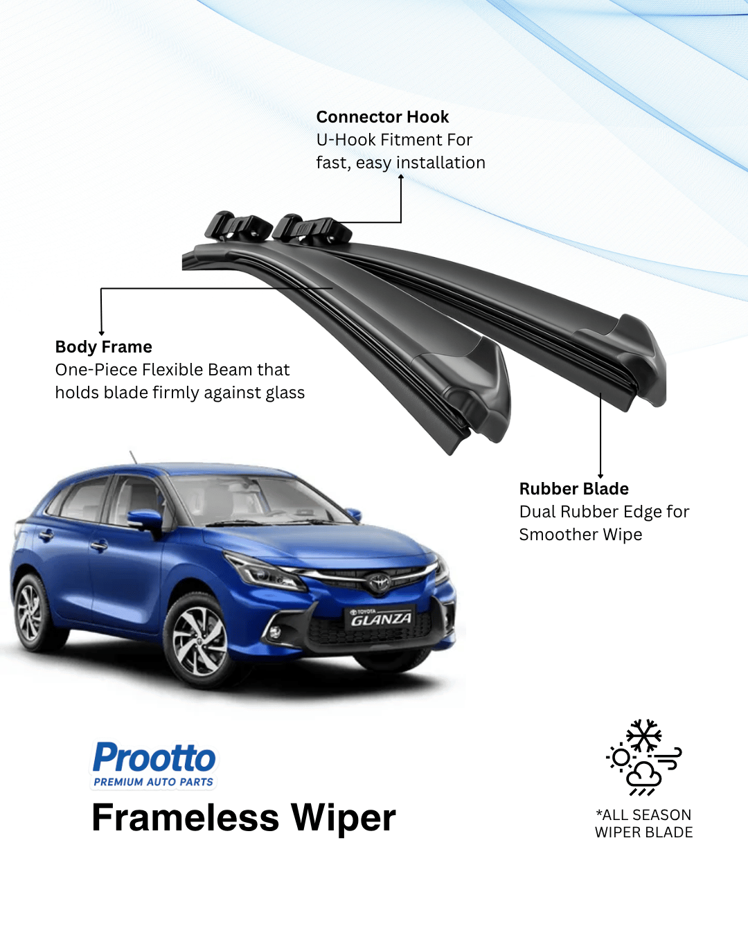 Prootto Wiper Blades for Toyota Glanza Windscreen Wipers - Hybrid, Frameless and Conventional