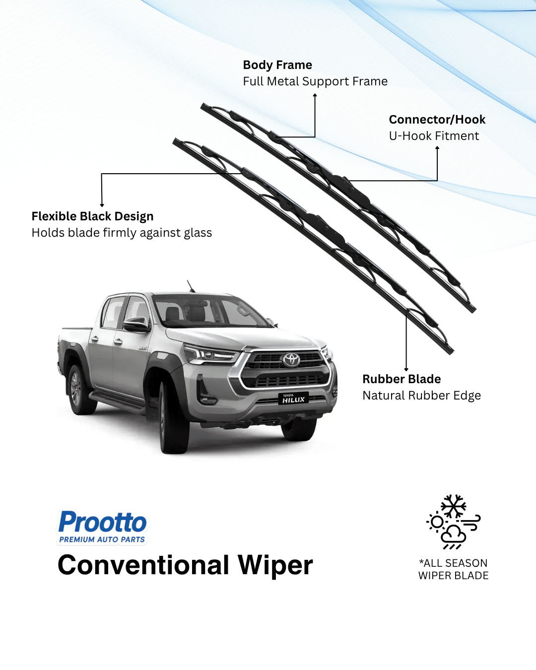 Prootto Wiper Blades for Toyota Hilux Windshield Wiper Blades - Hybrid, Frameless and Conventional