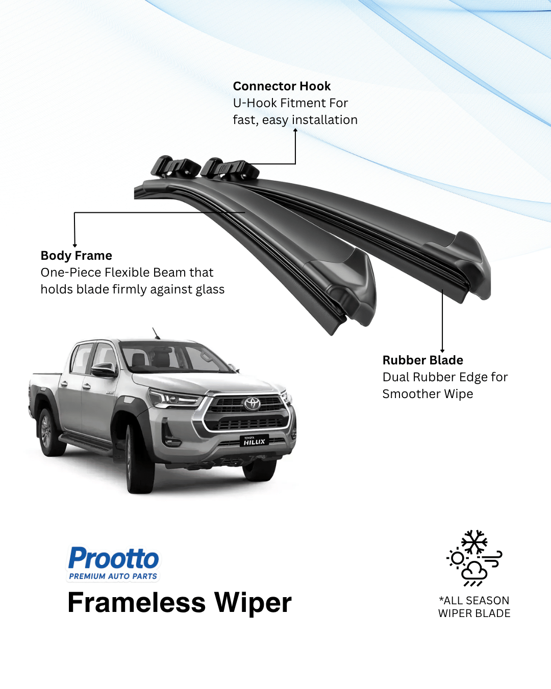 Prootto Wiper Blades for Toyota Hilux Windshield Wiper Blades - Hybrid, Frameless and Conventional