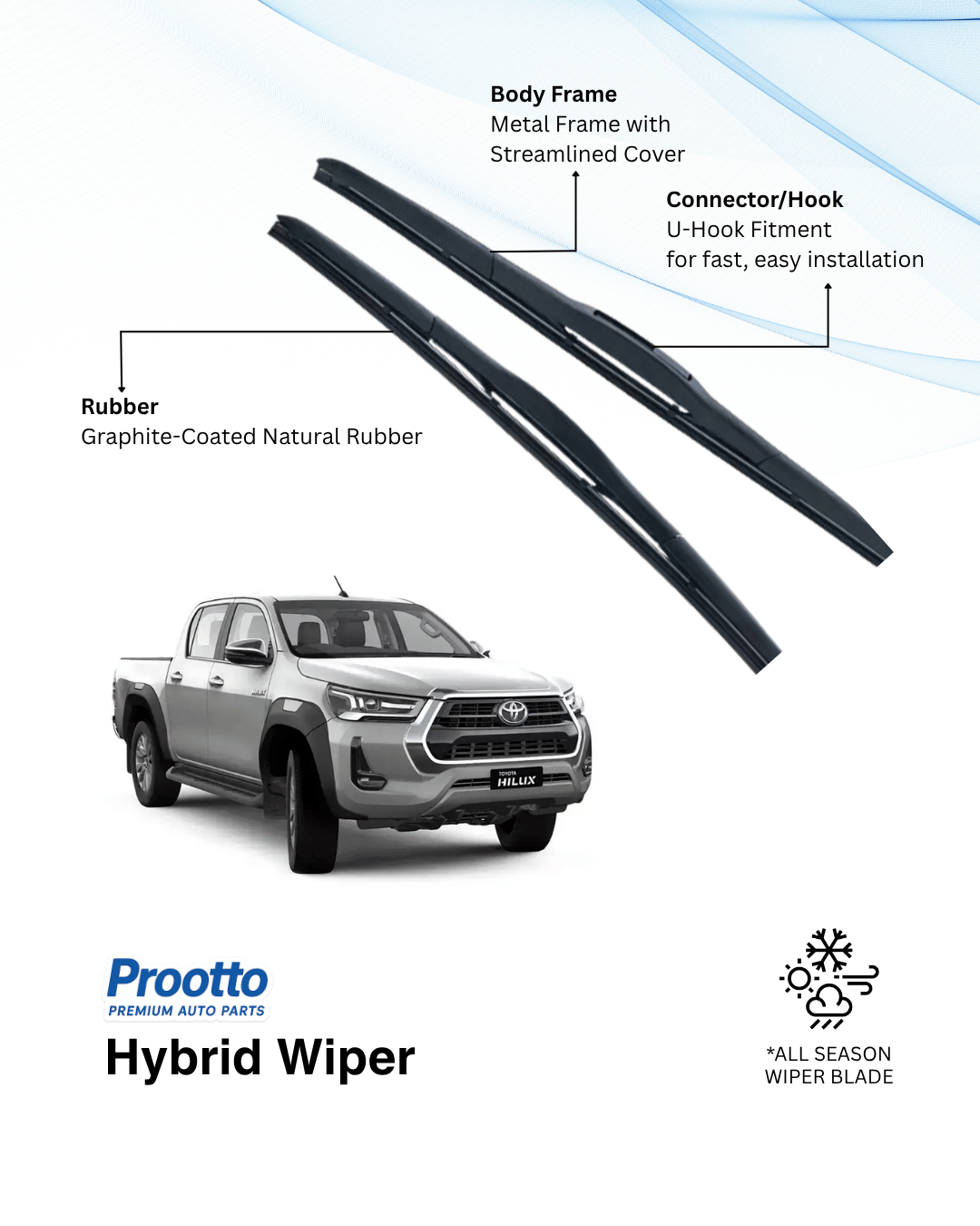 Prootto Wiper Blades for Toyota Hilux Windshield Wiper Blades - Hybrid, Frameless and Conventional