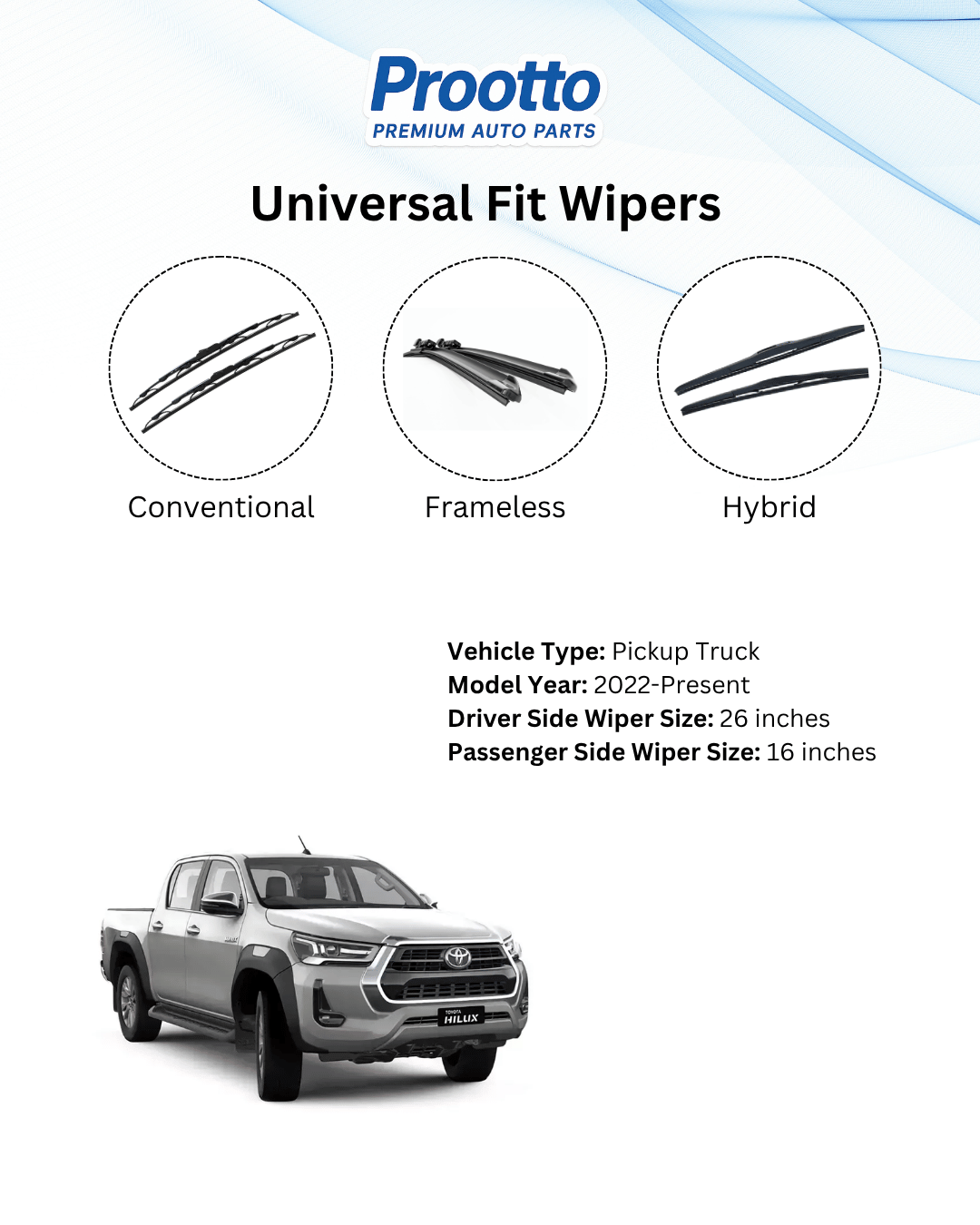 Prootto Wiper Blades for Toyota Hilux Windshield Wiper Blades - Hybrid, Frameless and Conventional
