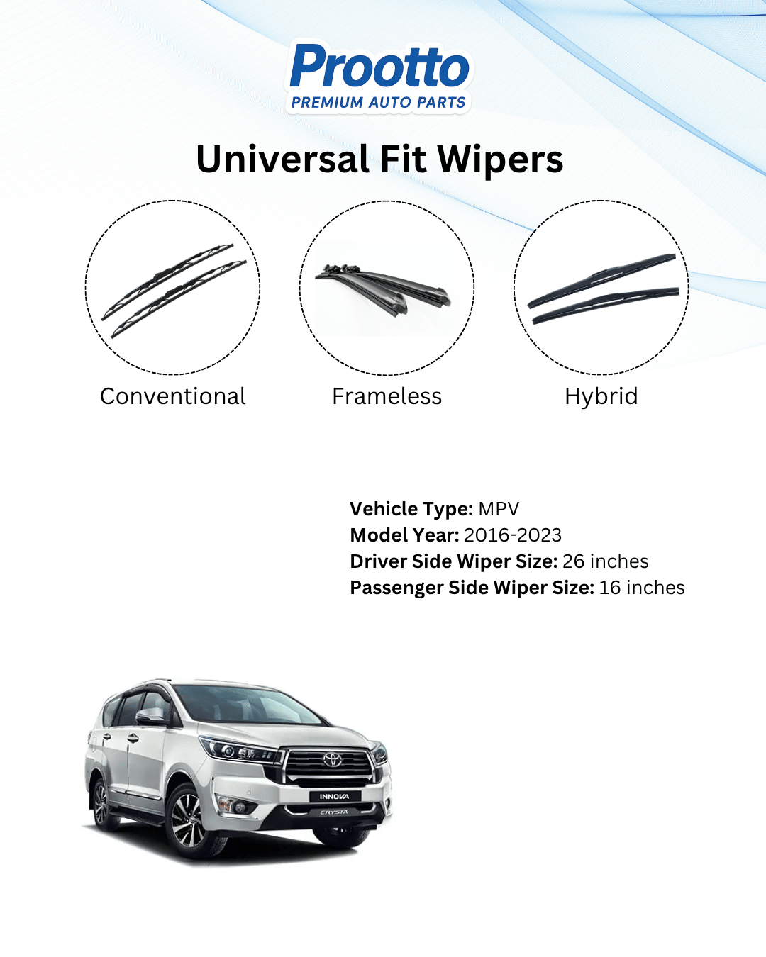 Prootto Wiper Blades for Toyota Innova Crysta Windshield Wiper Blades