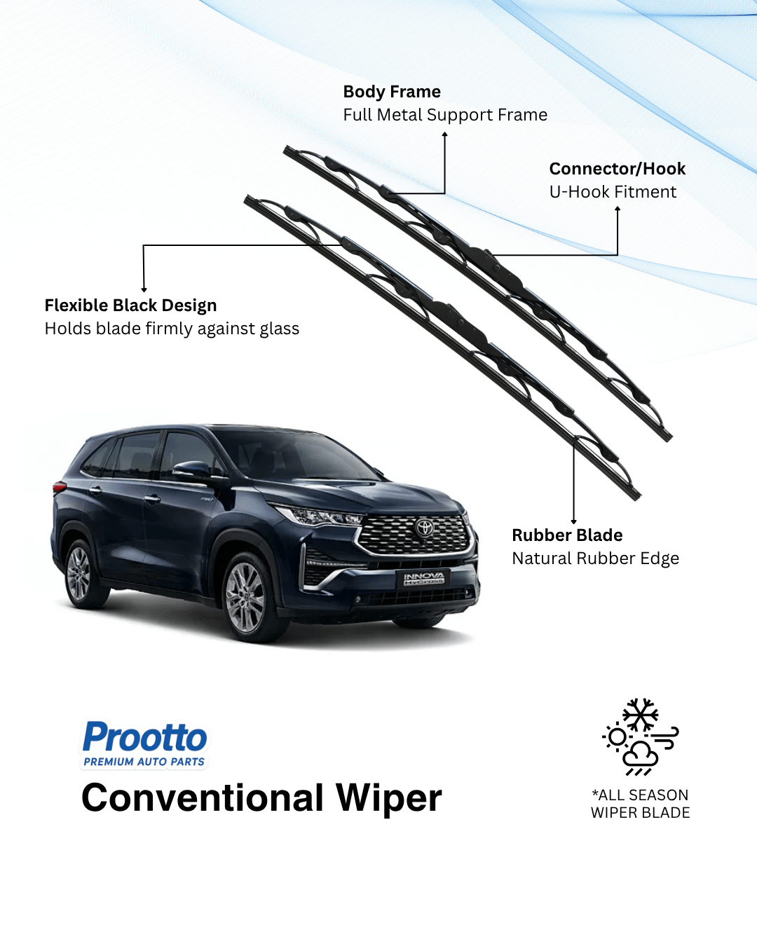 Prootto Wiper Blades for Toyota Innova Hycross Windshield Wipers for SUV - Hybrid, Frameless and Conventional