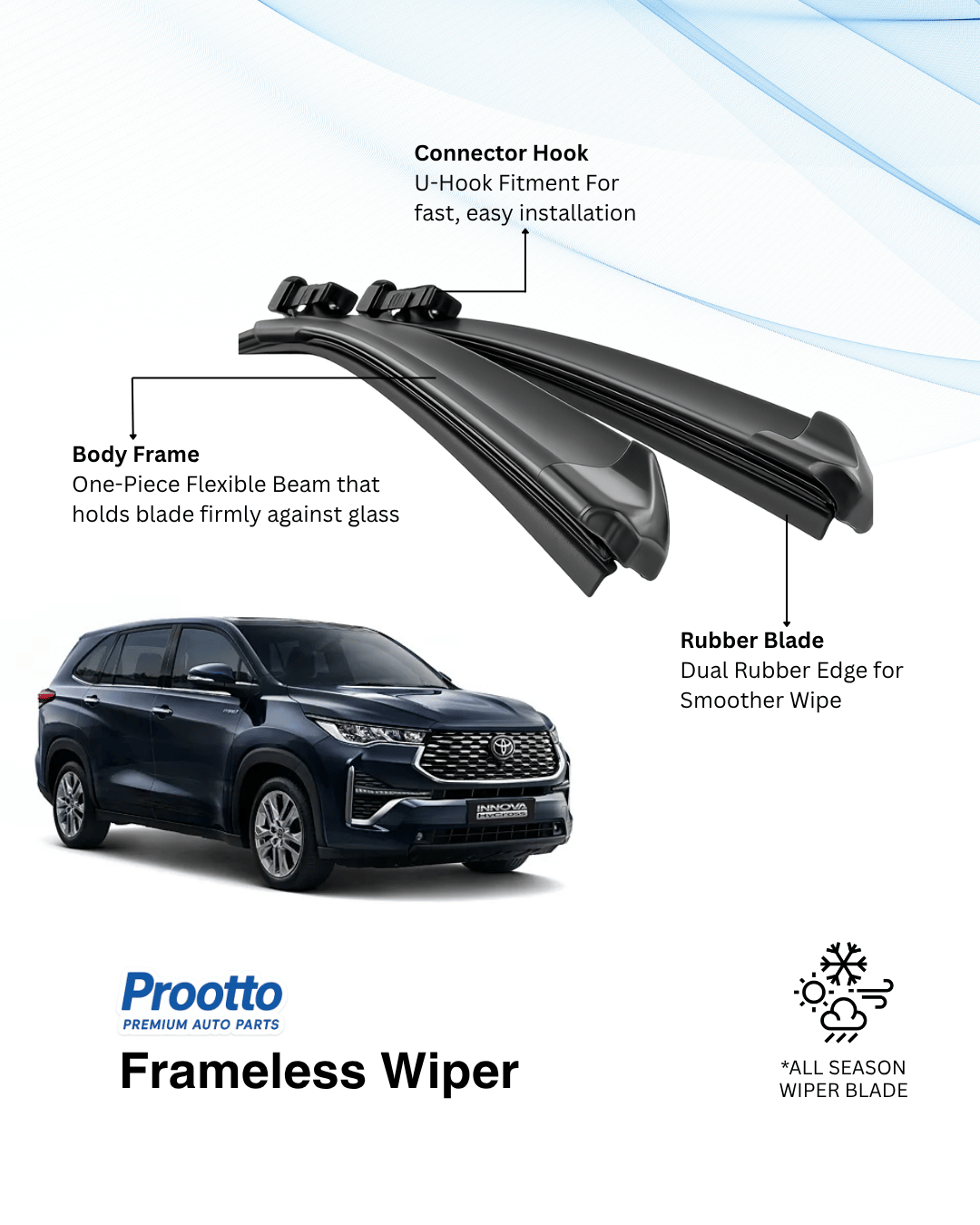 Prootto Wiper Blades for Toyota Innova Hycross Windshield Wipers for SUV - Hybrid, Frameless and Conventional