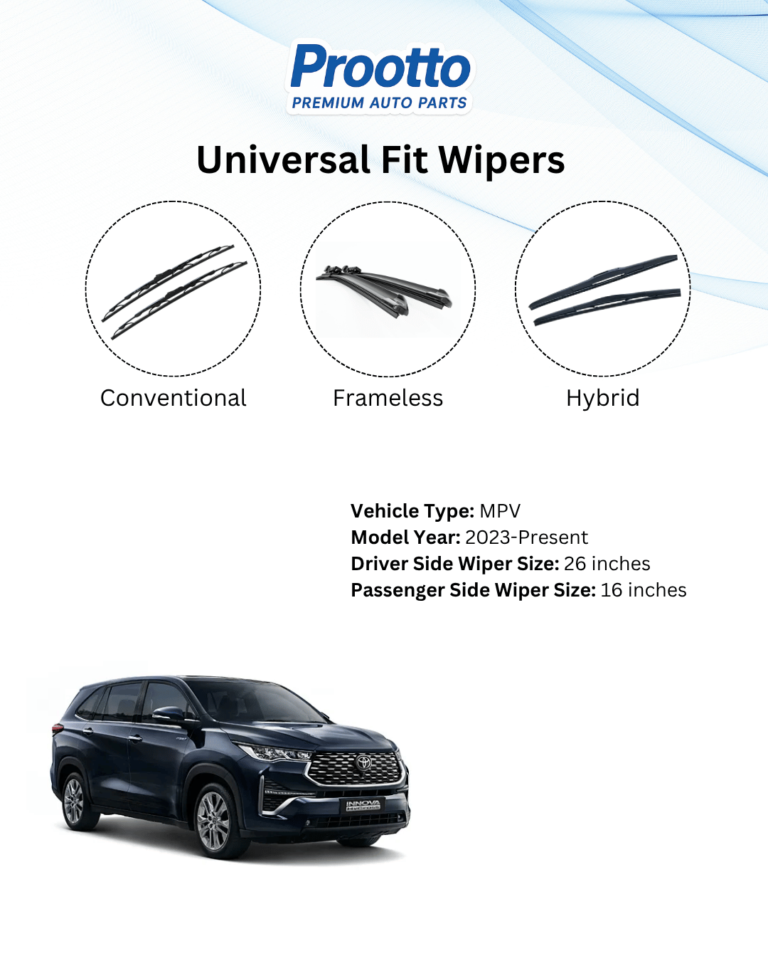 Prootto Wiper Blades for Toyota Innova Hycross Windshield Wipers for SUV - Hybrid, Frameless and Conventional