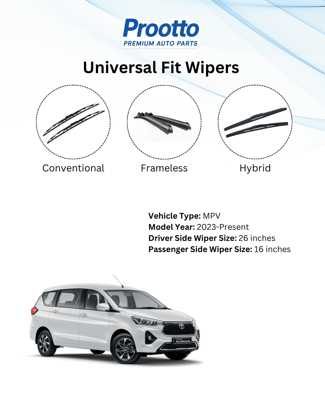 Prootto Wiper Blades for Toyota Rumion Windscreen Wiper