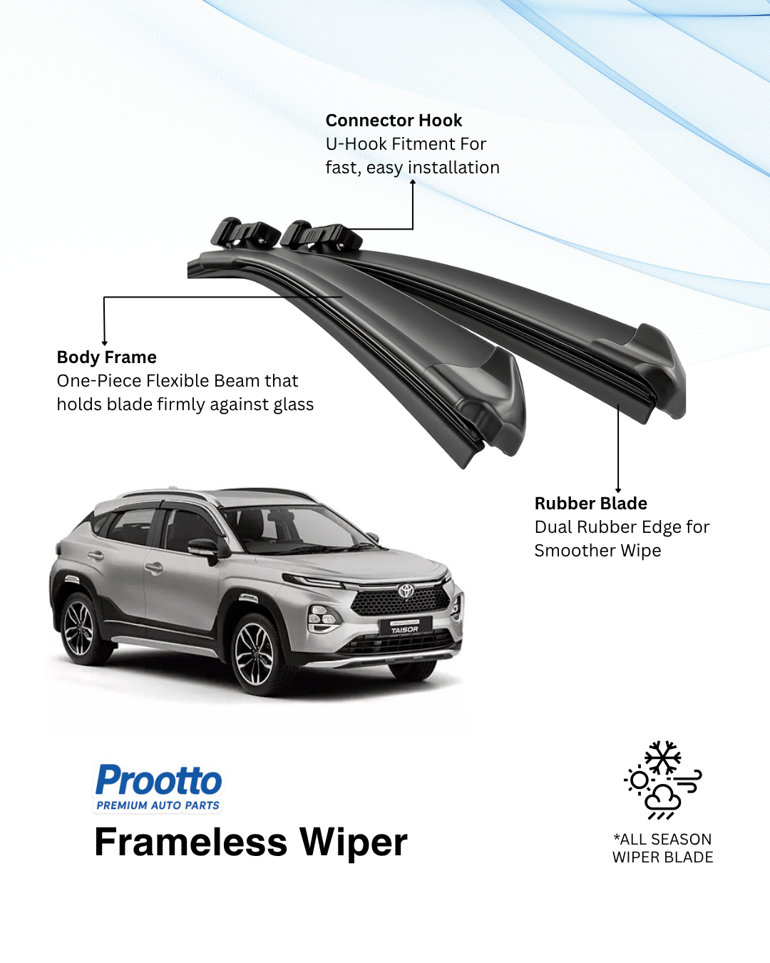 Prootto Wiper Blades for Toyota Urban Cruiser Taisor - Hybrid, Frameless and Conventional