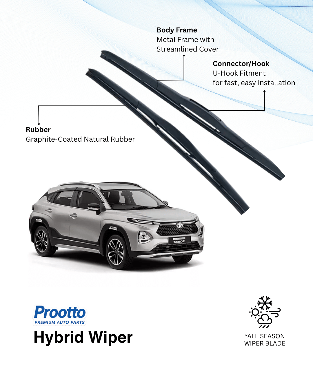 Prootto Wiper Blades for Toyota Urban Cruiser Taisor - Hybrid, Frameless and Conventional