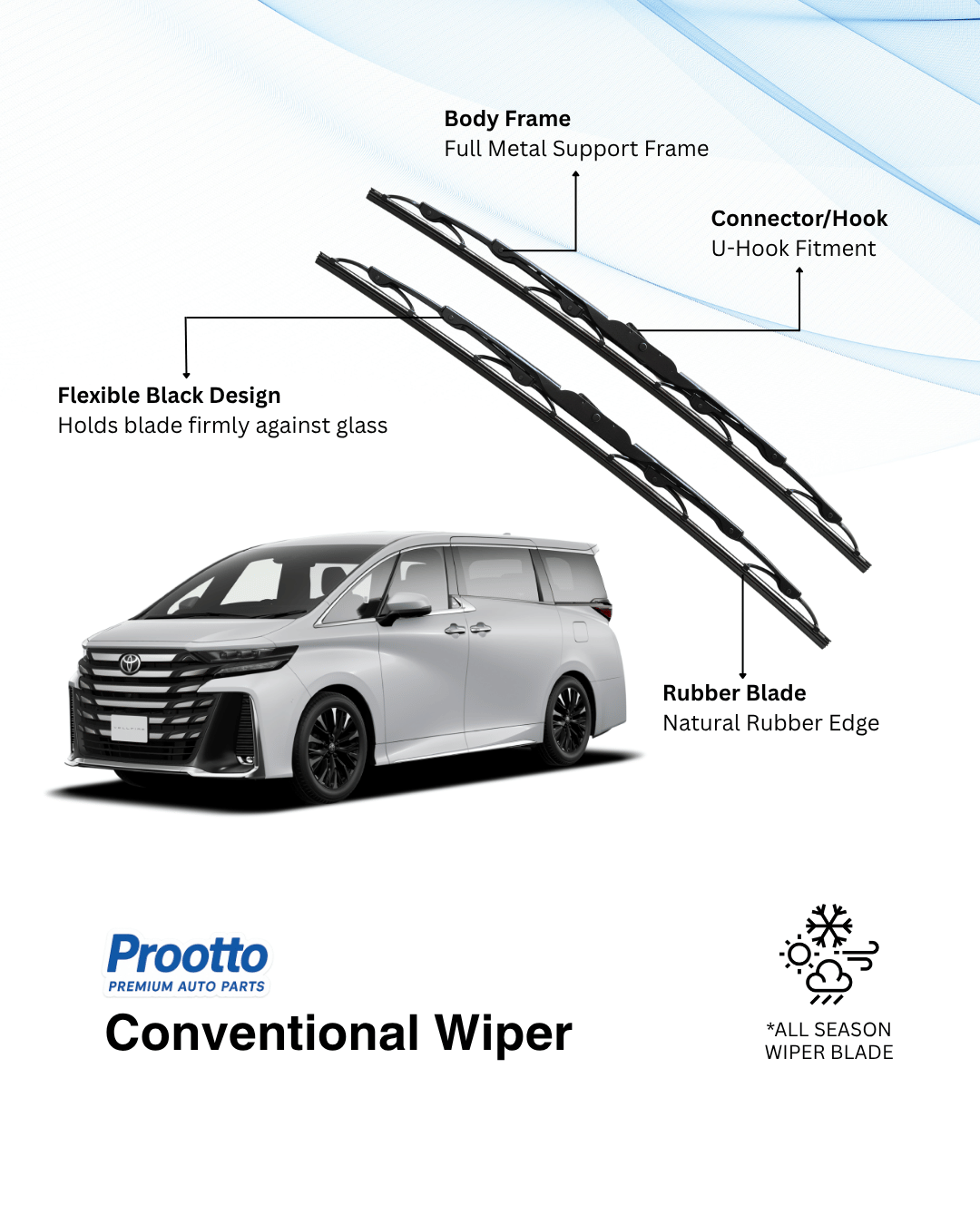 Prootto Wiper blades for Toyota Vellfire Wiper Blades - Hybrid, Frameless and Conventional