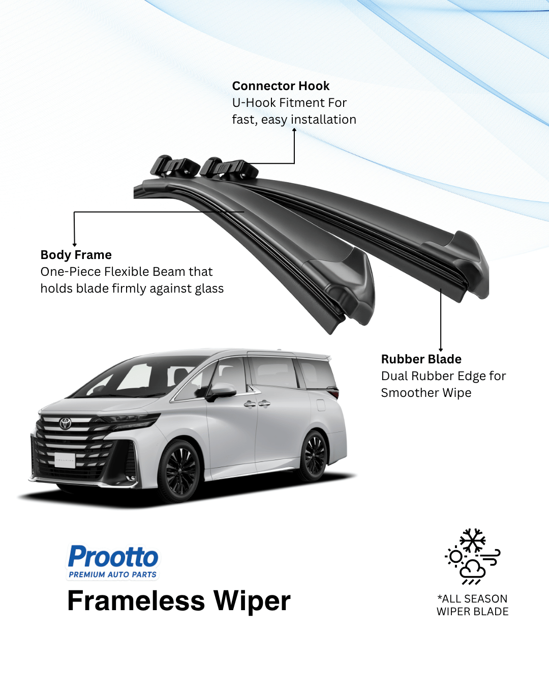 Prootto Wiper blades for Toyota Vellfire Wiper Blades - Hybrid, Frameless and Conventional