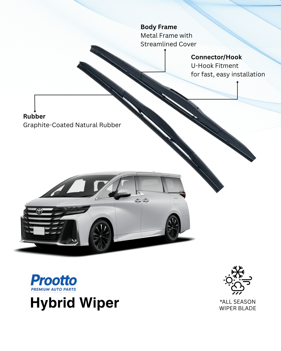 Prootto Wiper blades for Toyota Vellfire Wiper Blades - Hybrid, Frameless and Conventional