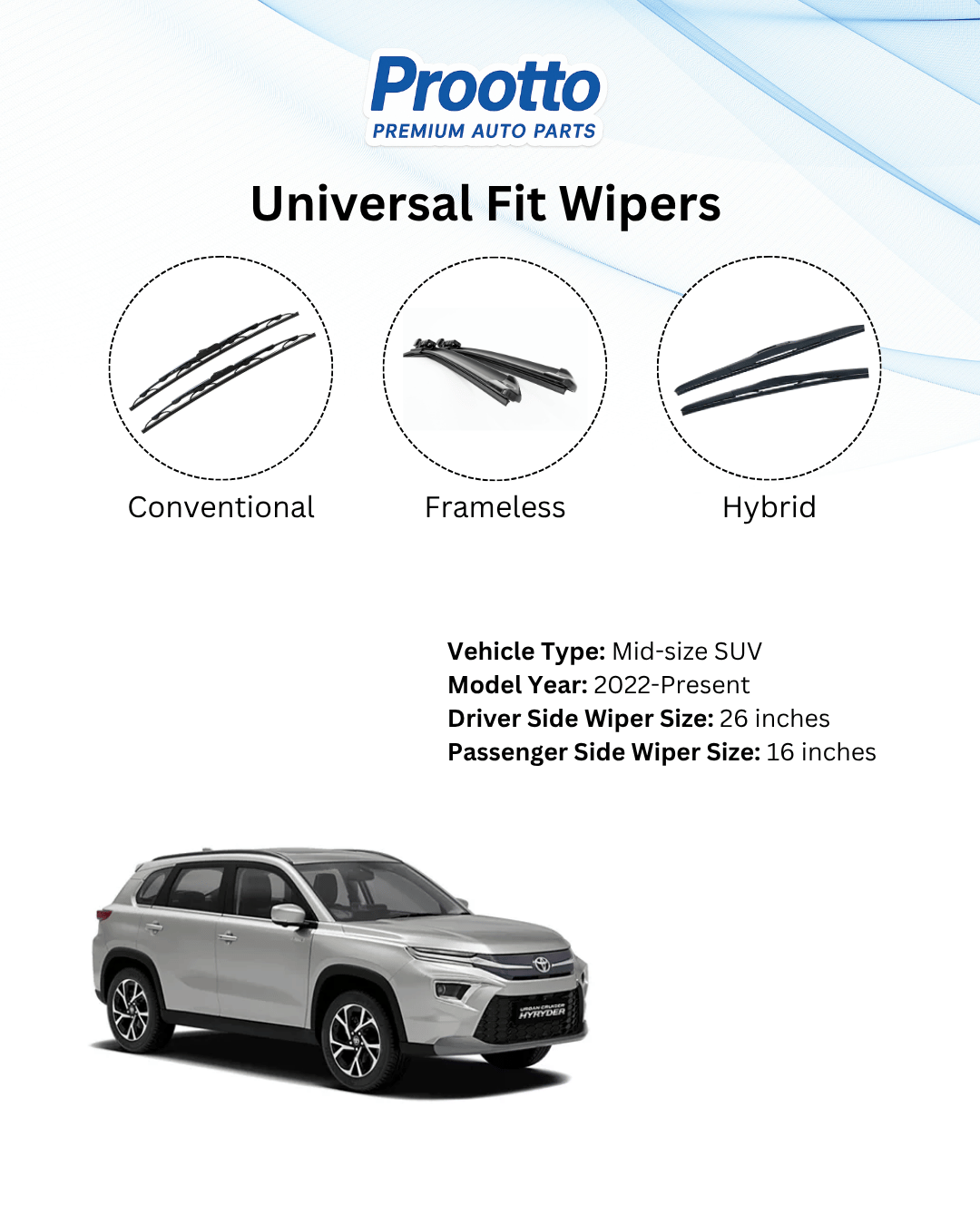Prootto Wiper Blades Toyota Urban Cruiser Hyryder  Windshield Wipers