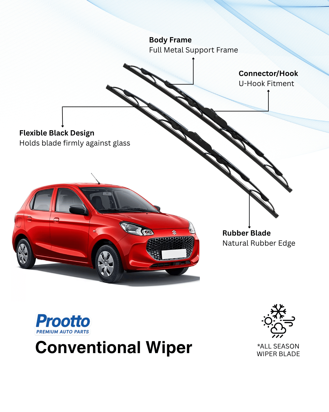 Prootto Wiper Blades for Maruti Alto K10 – Hybrid, Frameless & Conventional (2025)