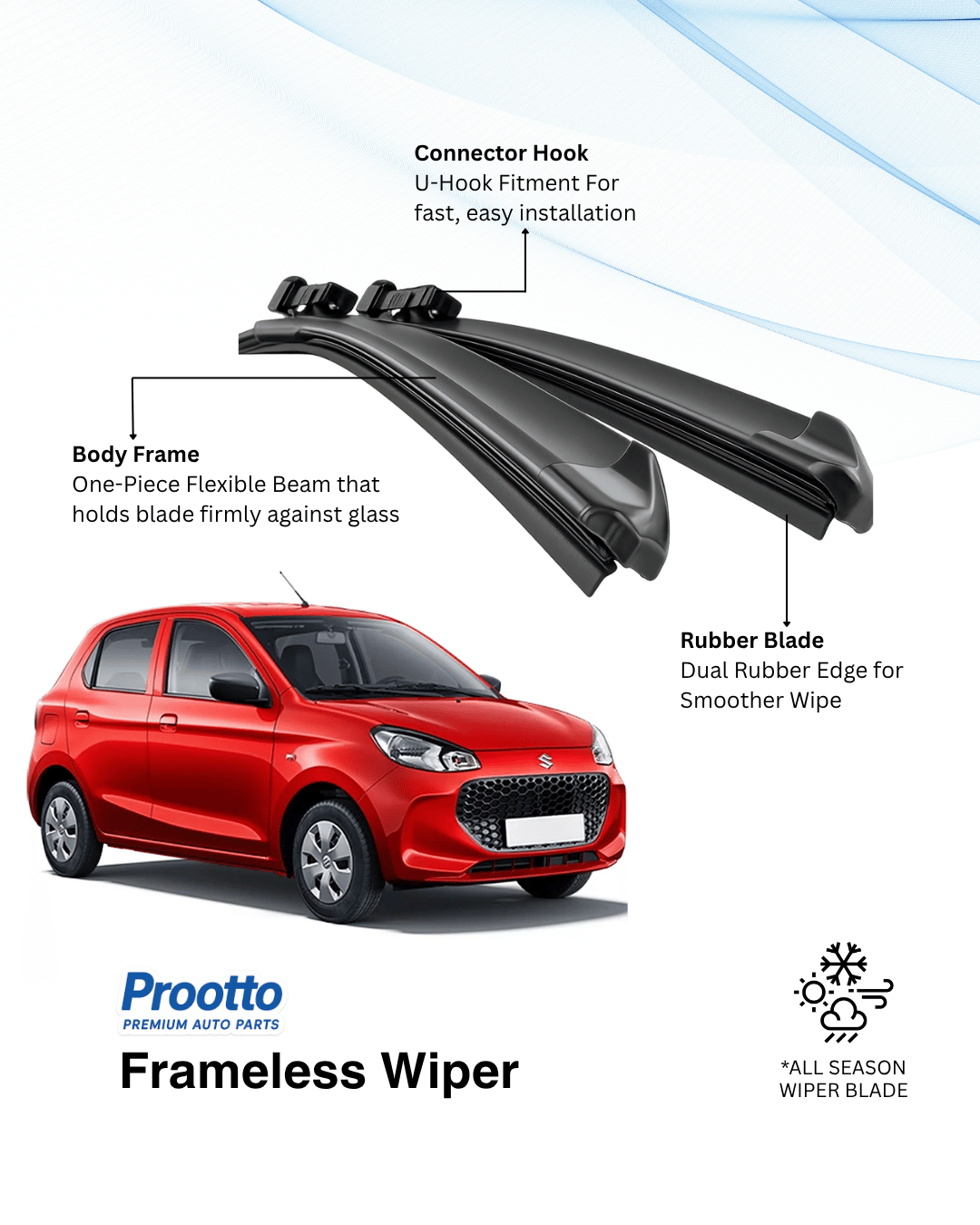 Prootto Wiper Blades for Maruti Alto K10 – Hybrid, Frameless & Conventional (2025)