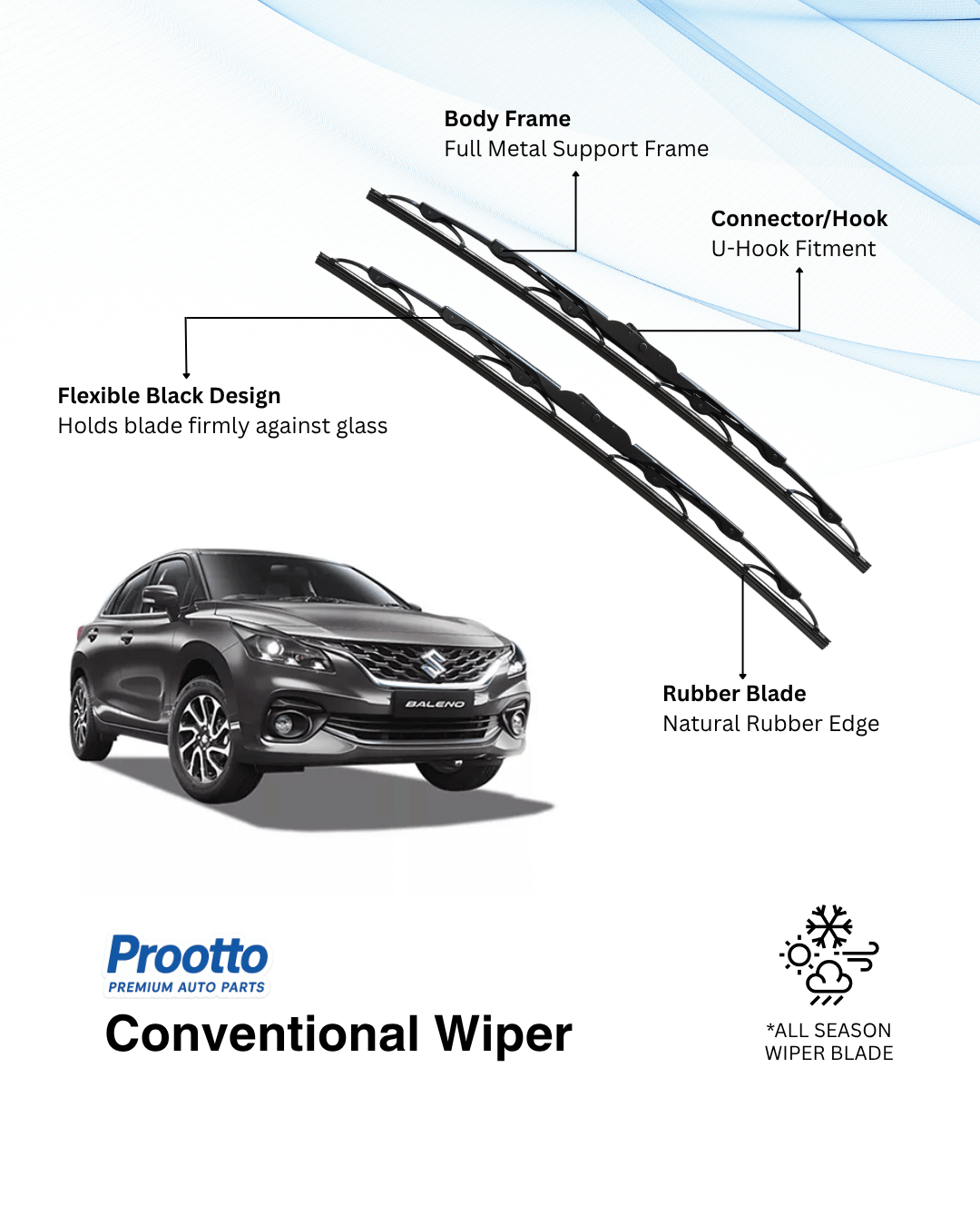 Prootto Wiper Blades for Maruti Baleno – Hybrid, Frameless & Conventional (2025)