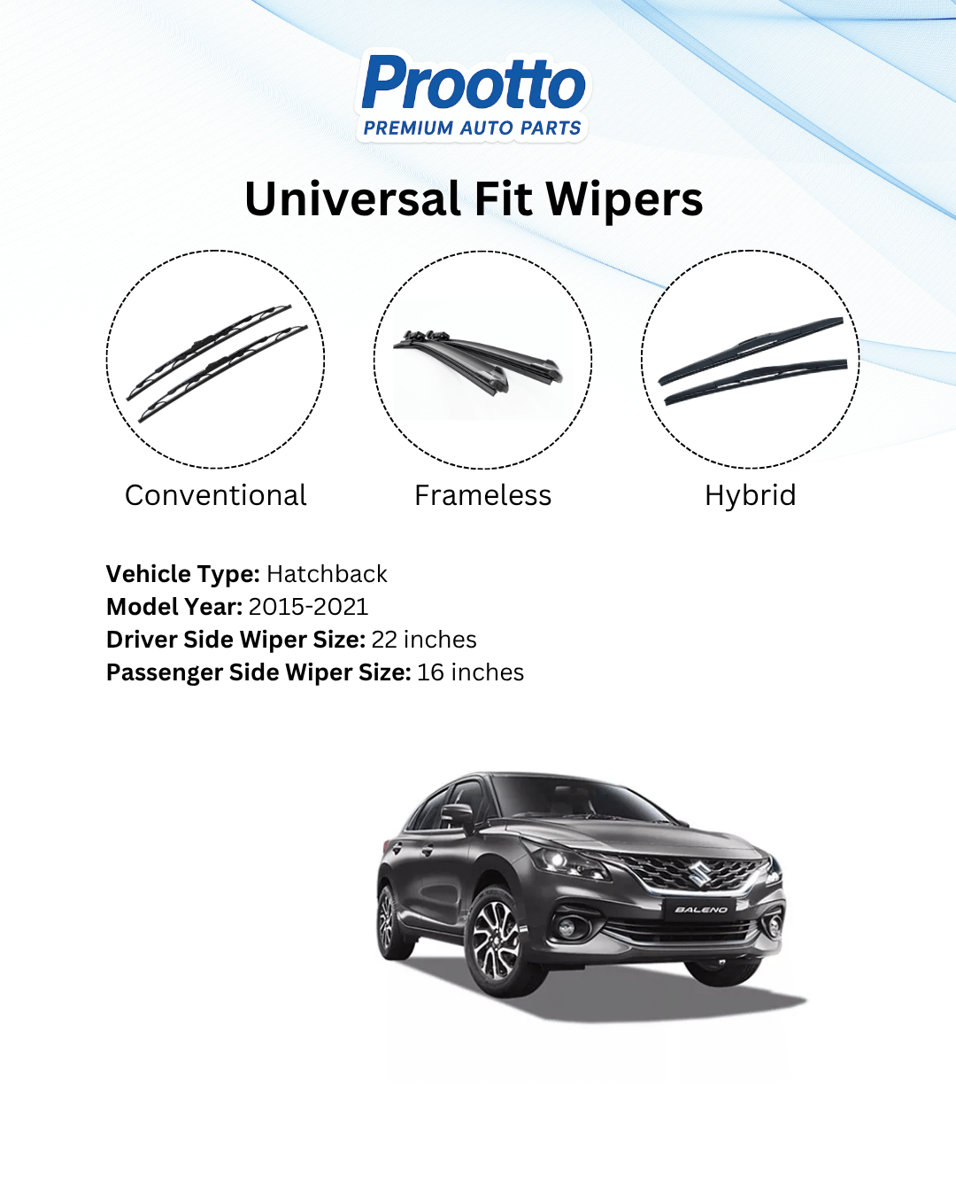 Prootto Wiper Blades for Maruti Baleno – Hybrid, Frameless & Conventional (2025)
