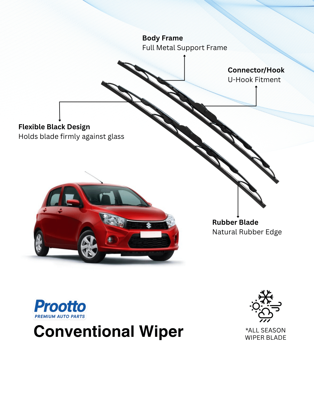 Prootto Wiper Blades for Maruti Celerio – Hybrid, Frameless & Conventional (2025)