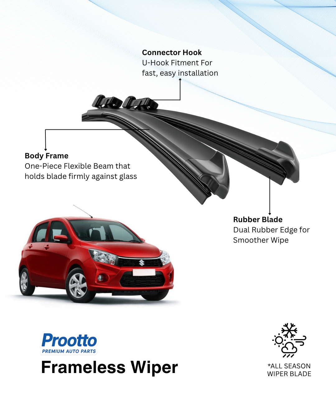 Prootto Wiper Blades for Maruti Celerio – Hybrid, Frameless & Conventional (2025)