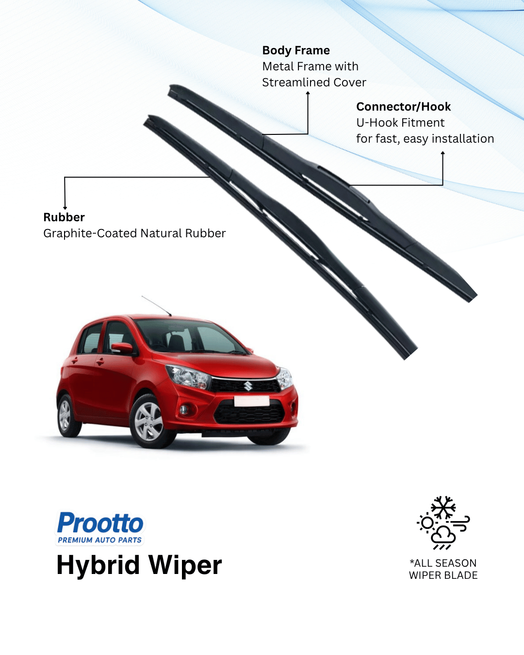 Prootto Wiper Blades for Maruti Celerio – Hybrid, Frameless & Conventional (2025)