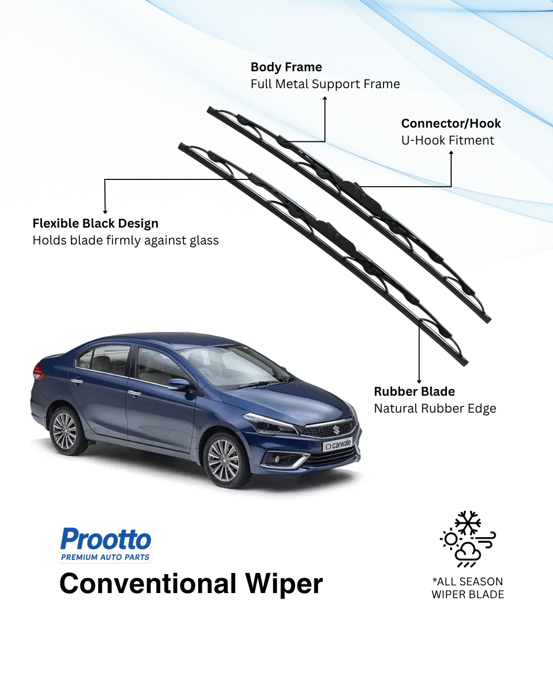 Prootto Wiper Blades for Maruti Ciaz – Hybrid, Frameless & Conventional (2025)