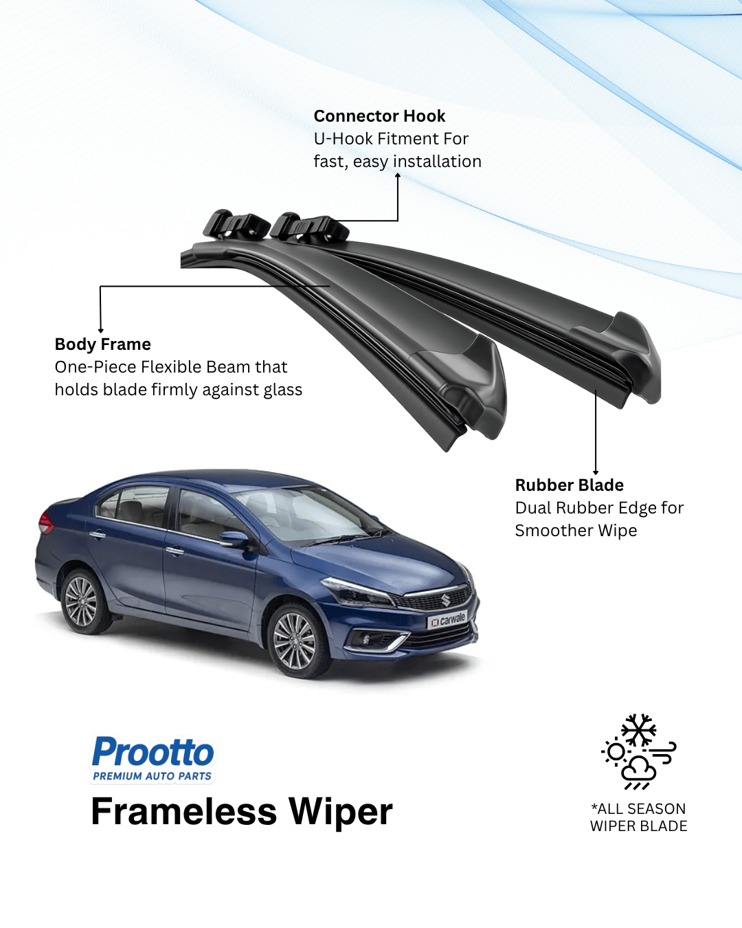 Prootto Wiper Blades for Maruti Ciaz – Hybrid, Frameless & Conventional (2025)