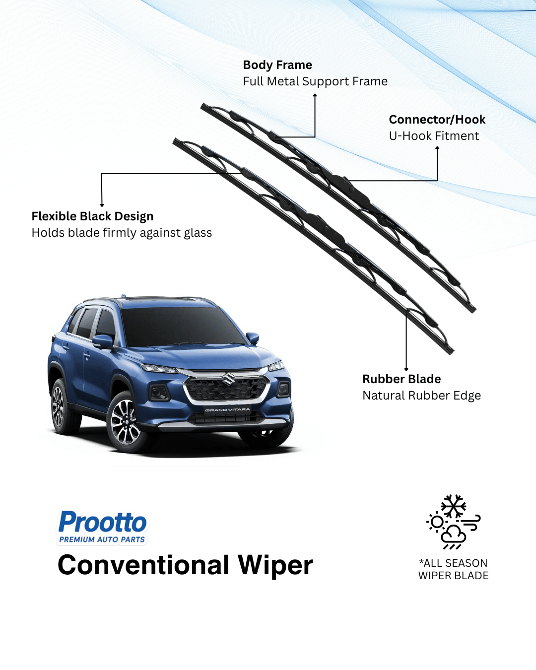 Prootto Wiper Blades for Maruti Grand Vitara – Hybrid, Frameless & Conventional (2025)