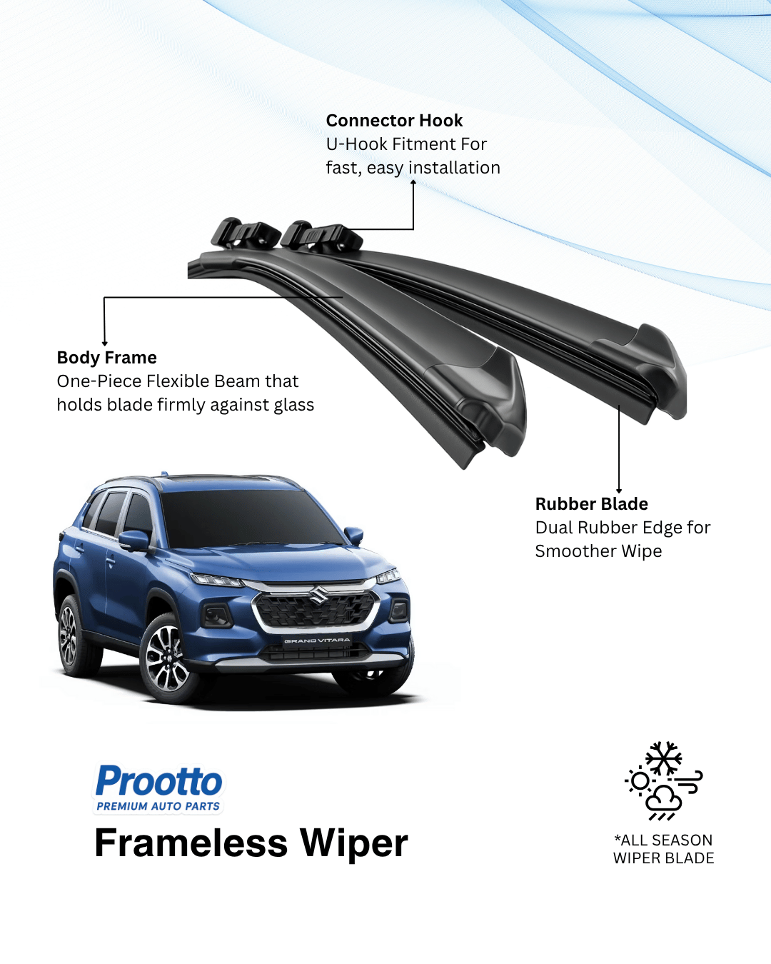 Prootto Wiper Blades for Maruti Grand Vitara – Hybrid, Frameless & Conventional (2025)