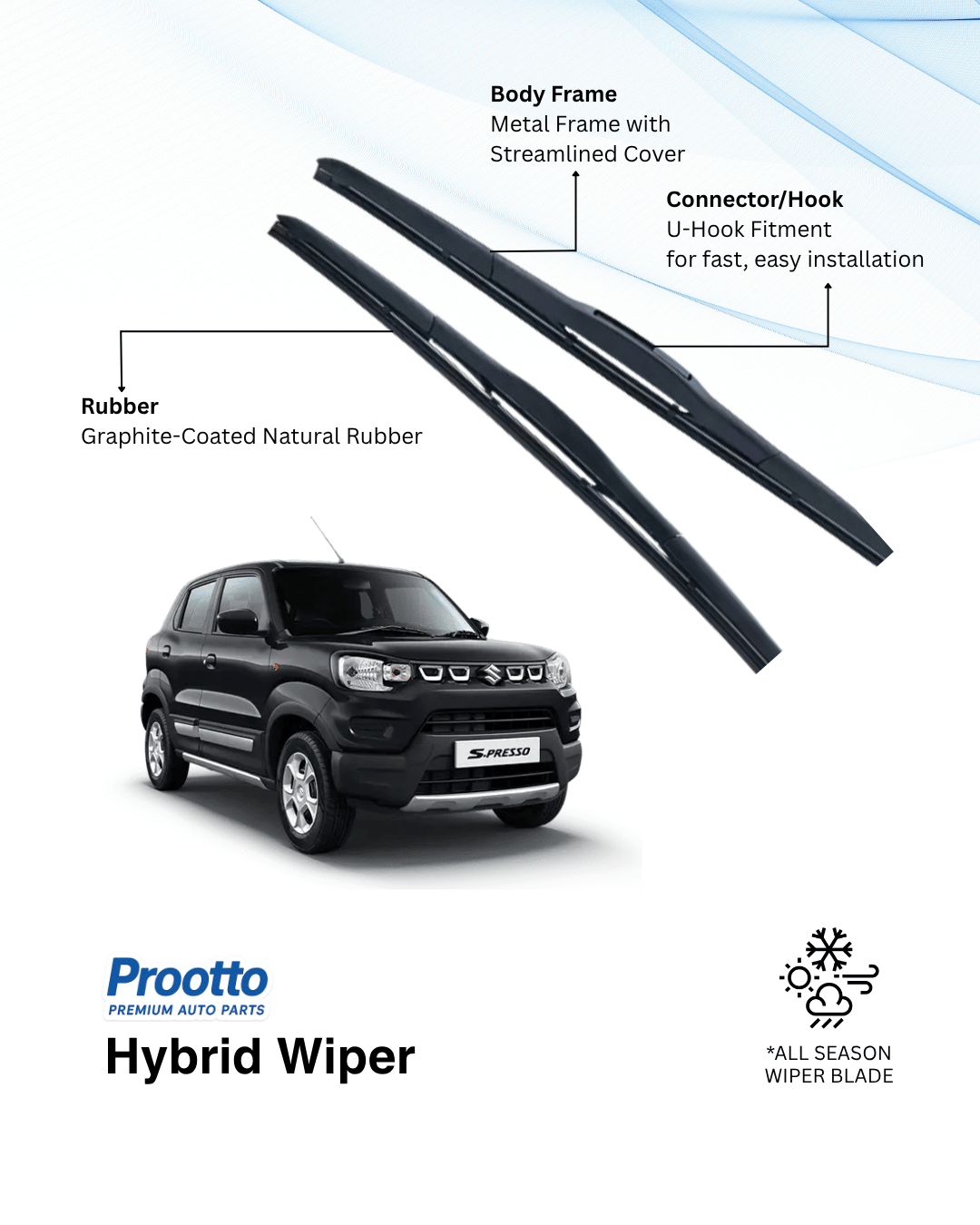 Prootto Wiper Blades for Maruti S-Presso – Hybrid, Frameless & Conventional