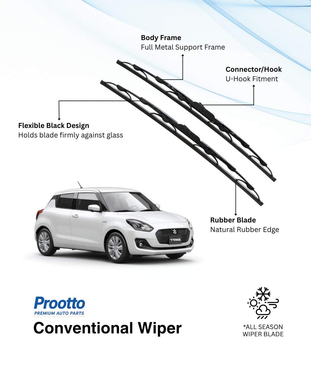 Prootto Wiper Blades for Maruti Swift – Hybrid, Frameless & Conventional (2025)