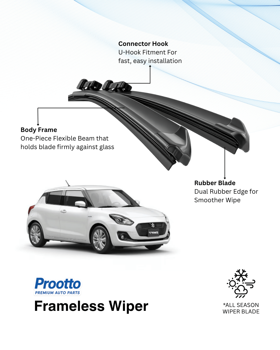 Prootto Wiper Blades for Maruti Swift – Hybrid, Frameless & Conventional (2025)