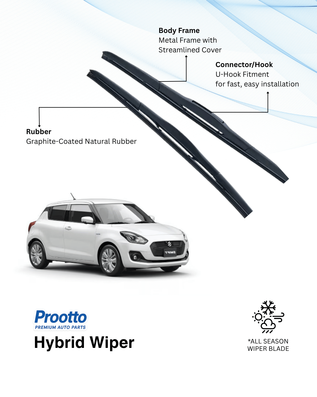 Prootto Wiper Blades for Maruti Swift – Hybrid, Frameless & Conventional (2025)