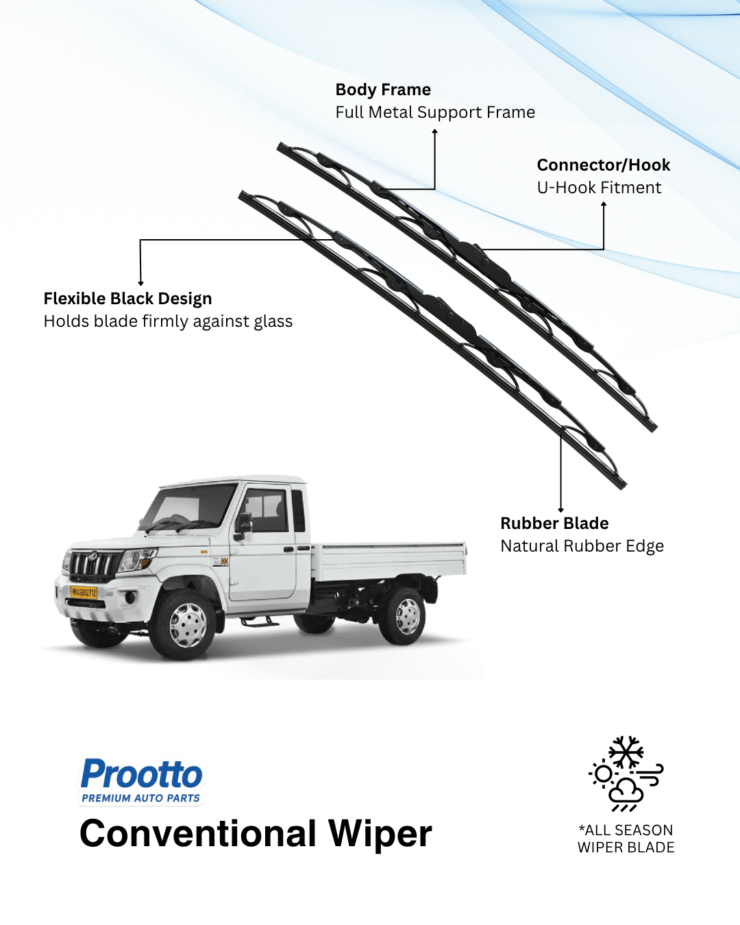 Prootto Wiper Blades for Mahindra Bolero Pik-Up – Hybrid, Frameless & Conventional (2025)
