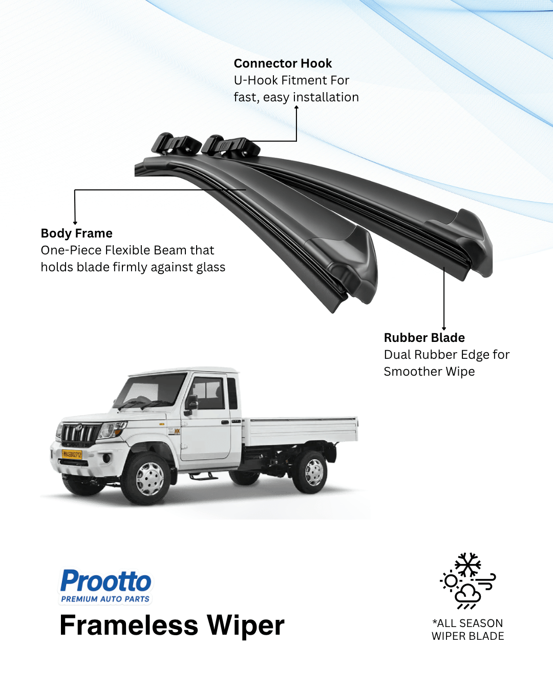 Prootto Wiper Blades for Mahindra Bolero Pik-Up – Hybrid, Frameless & Conventional (2025)